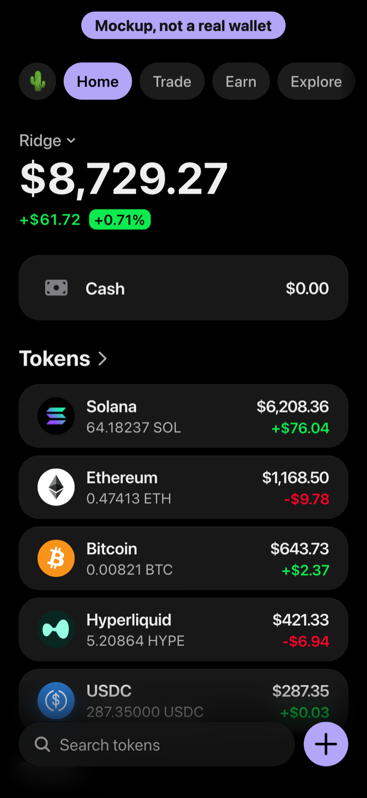 Crypto wallet portfolio screen composed in My Larp Wallet: a wallet named Ridge, a total balance above a list of 5 tokens showing each holding and its change over the day, in a dark theme with a lavender accent. A label at the top of the screen reads: Mockup, not a real wallet.