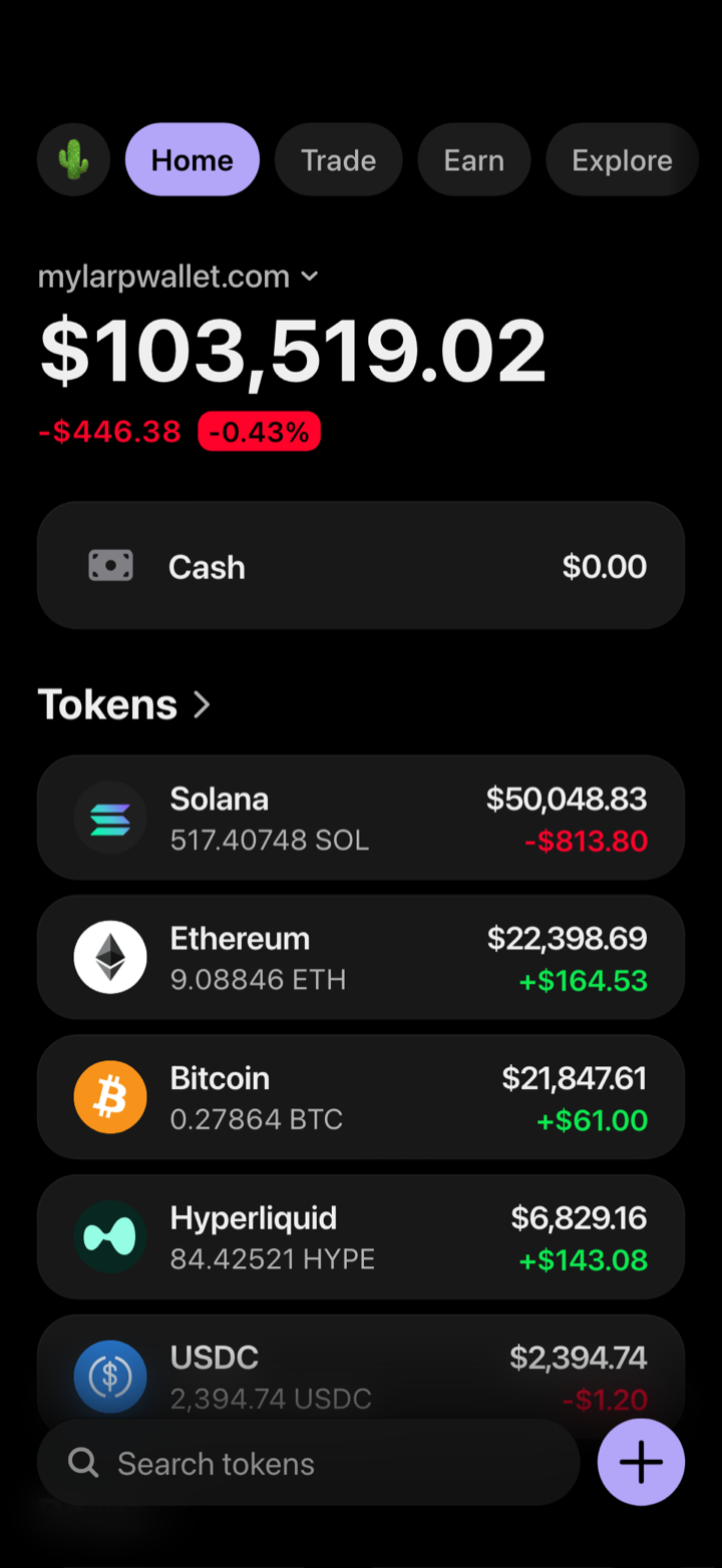 Crypto wallet portfolio screen composed in My Larp Wallet: a wallet named mylarpwallet.com, a total balance above a list of 5 tokens showing each holding and its change over the day, in a dark theme with a lavender accent.