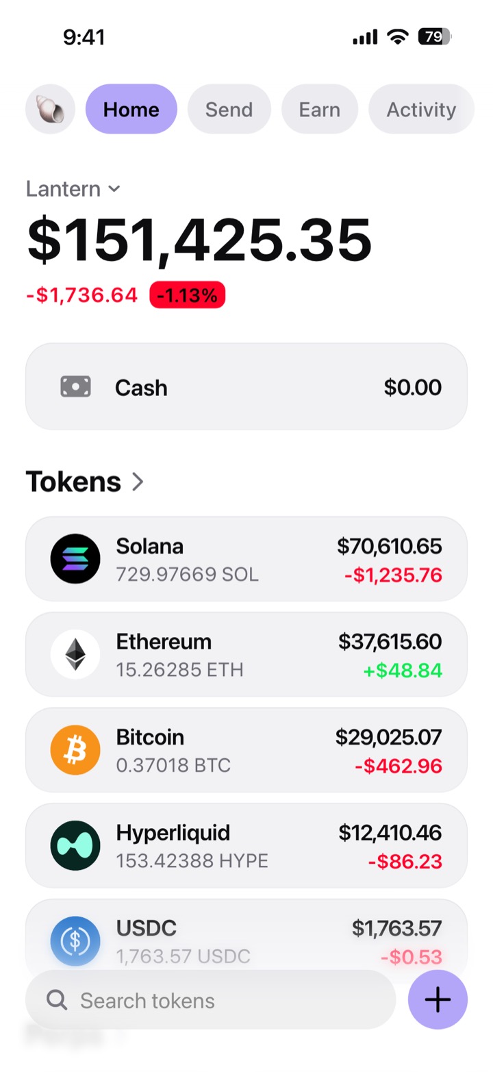 Crypto wallet portfolio screen composed in My Larp Wallet: a wallet named Lantern, a total balance above a list of 5 tokens showing each holding and its change over the day, in a light theme with a lavender accent.
