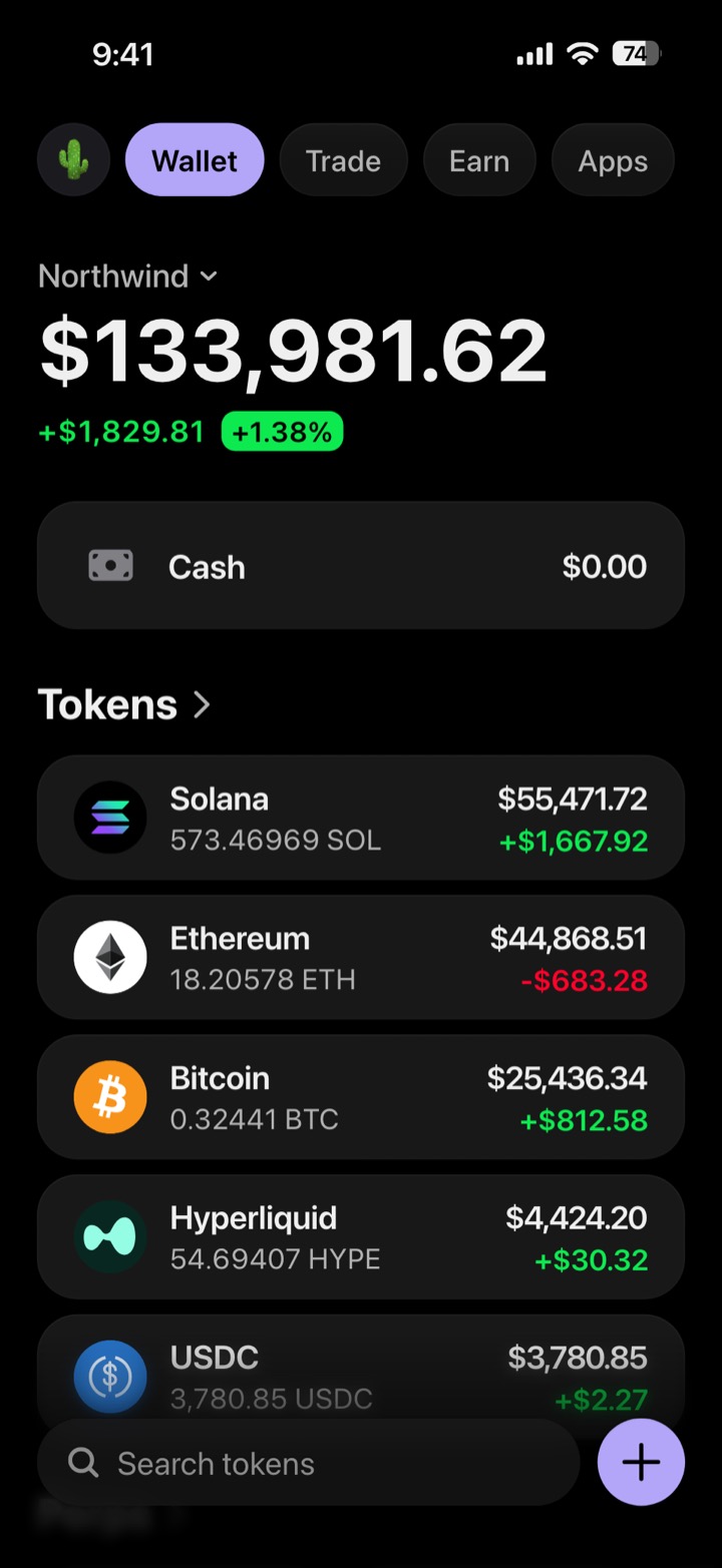 Crypto wallet portfolio screen composed in My Larp Wallet: a wallet named Northwind, a total balance above a list of 5 tokens showing each holding and its change over the day, in a dark theme with a lavender accent.