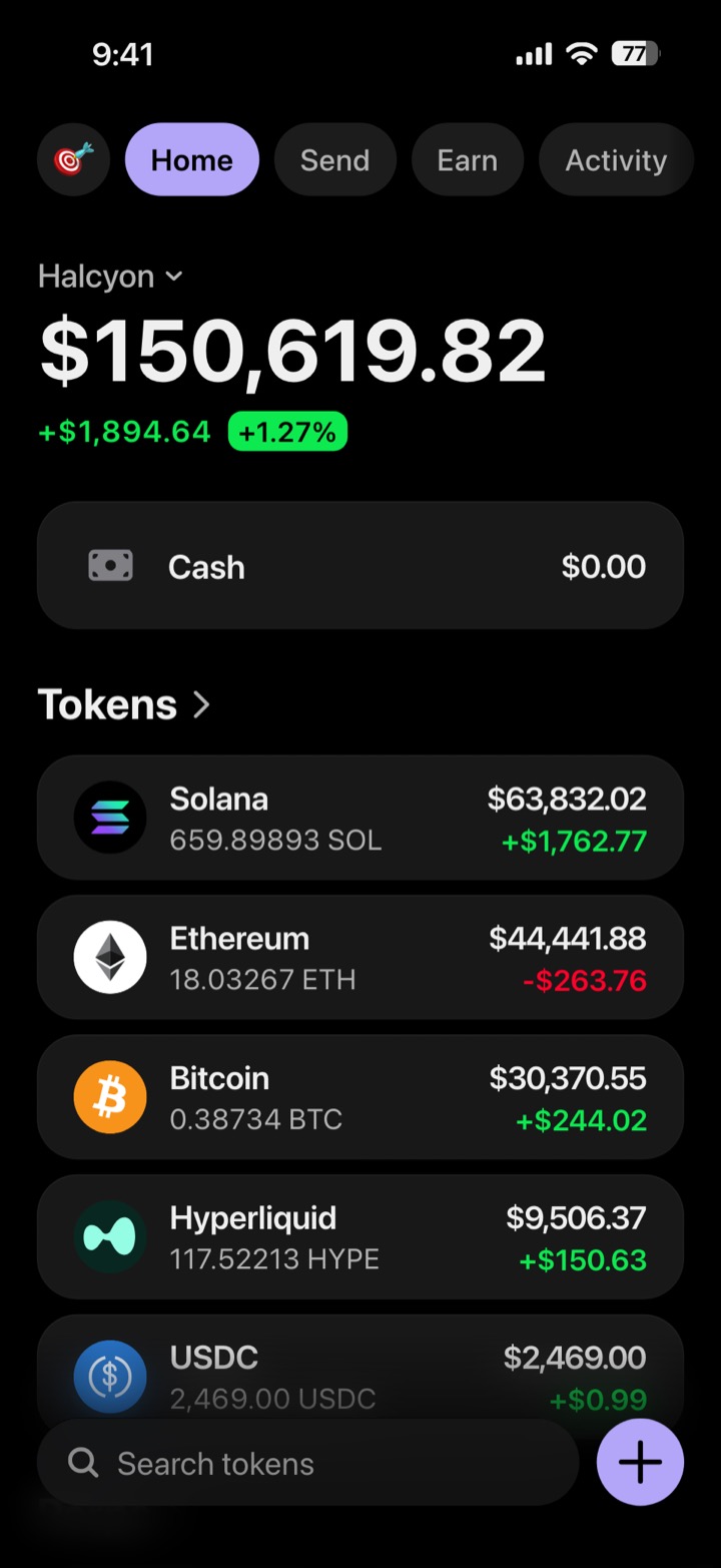 Crypto wallet portfolio screen composed in My Larp Wallet: a wallet named Halcyon, a total balance above a list of 5 tokens showing each holding and its change over the day, in a dark theme with a lavender accent.