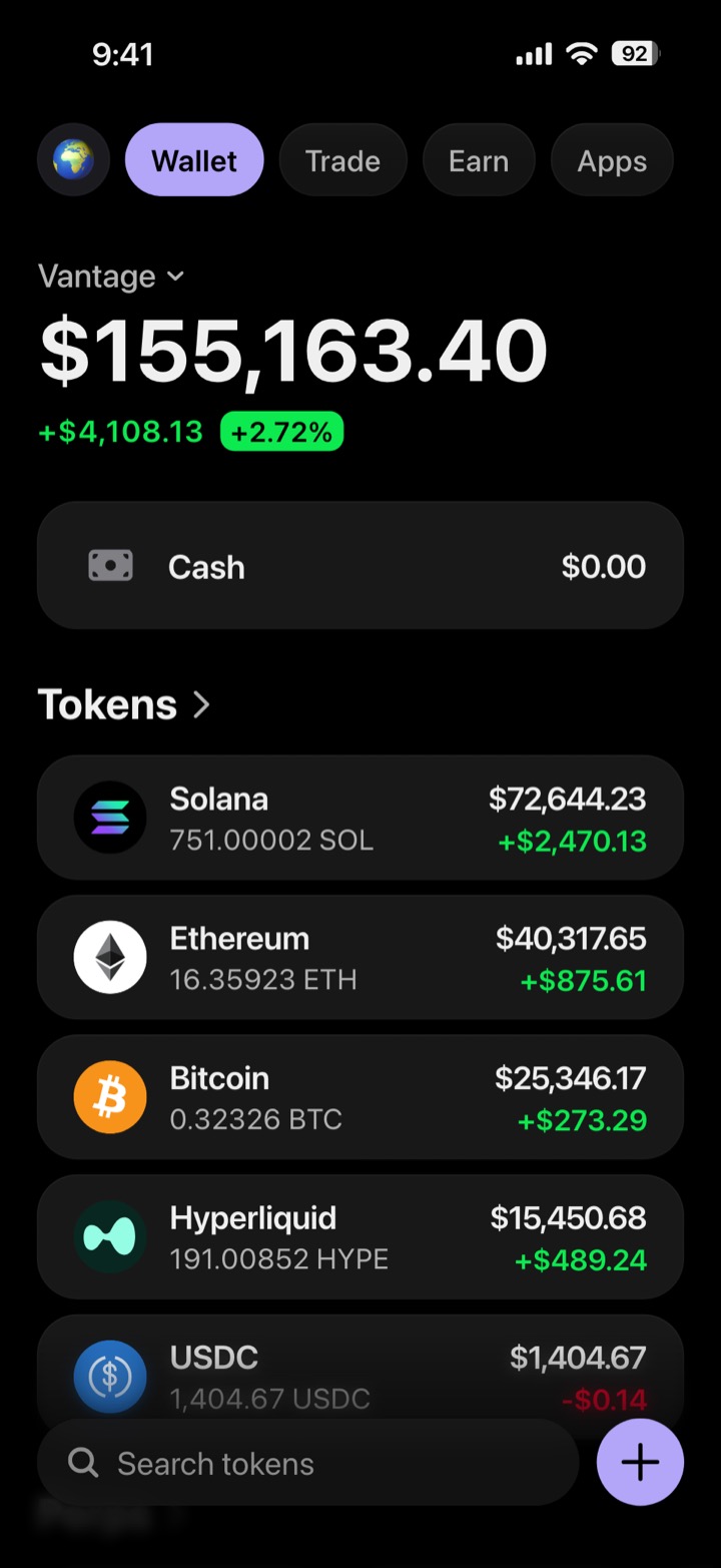Crypto wallet portfolio screen composed in My Larp Wallet: a wallet named Vantage, a total balance above a list of 5 tokens showing each holding and its change over the day, in a dark theme with a lavender accent.