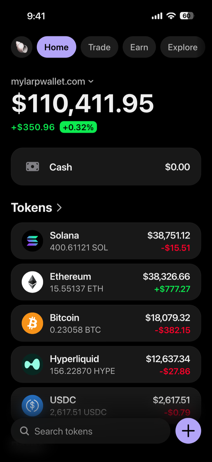 Crypto wallet portfolio screen composed in My Larp Wallet: a wallet named Beacon, a total balance above a list of 5 tokens showing each holding and its change over the day, in a dark theme with a lavender accent.