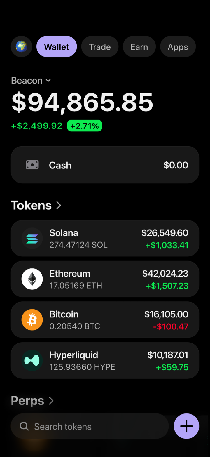 Crypto wallet portfolio screen composed in My Larp Wallet: a wallet named Beacon, a total balance above a list of 4 tokens showing each holding and its change over the day, in a dark theme with a lavender accent.