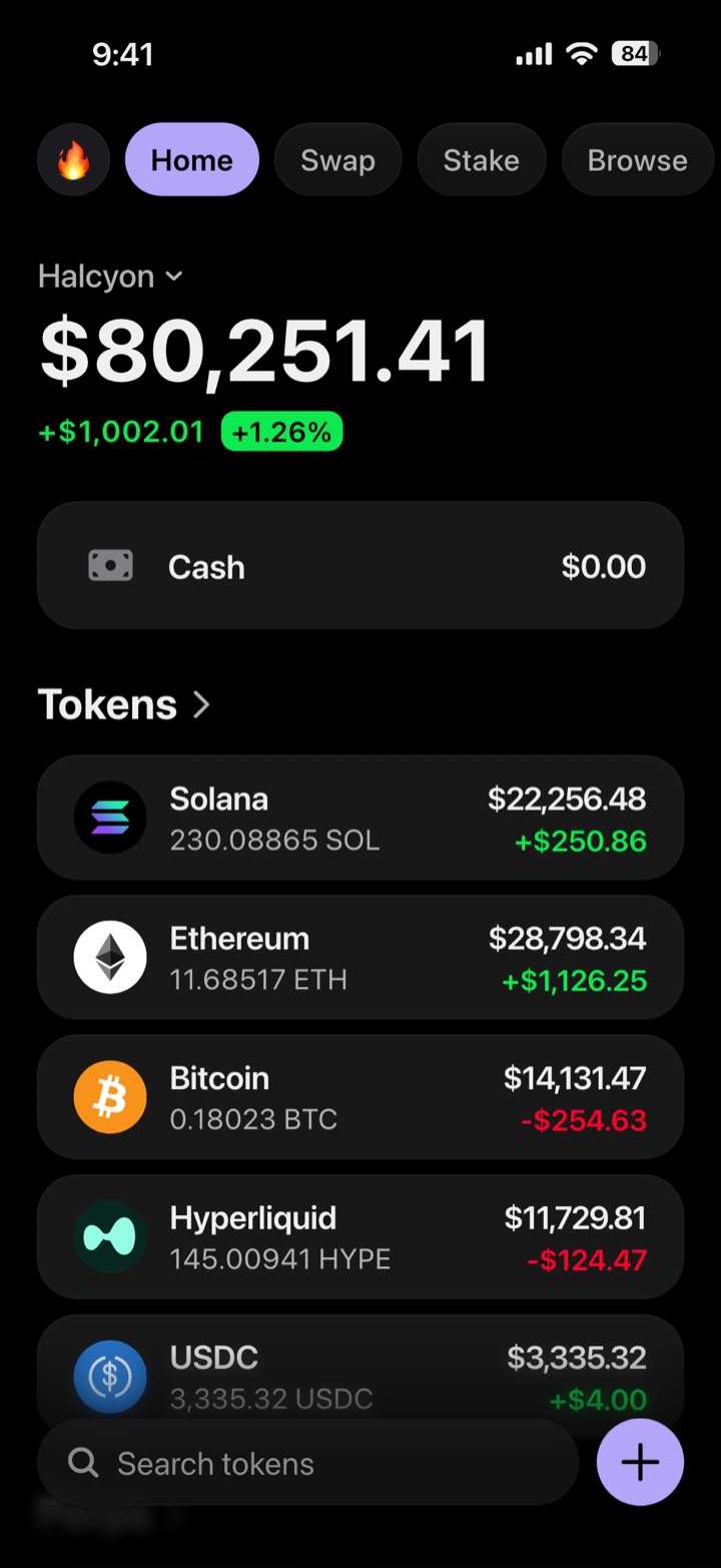 Crypto wallet portfolio screen composed in My Larp Wallet: a wallet named Halcyon, a total balance above a list of 5 tokens showing each holding and its change over the day, in a dark theme with a lavender accent.