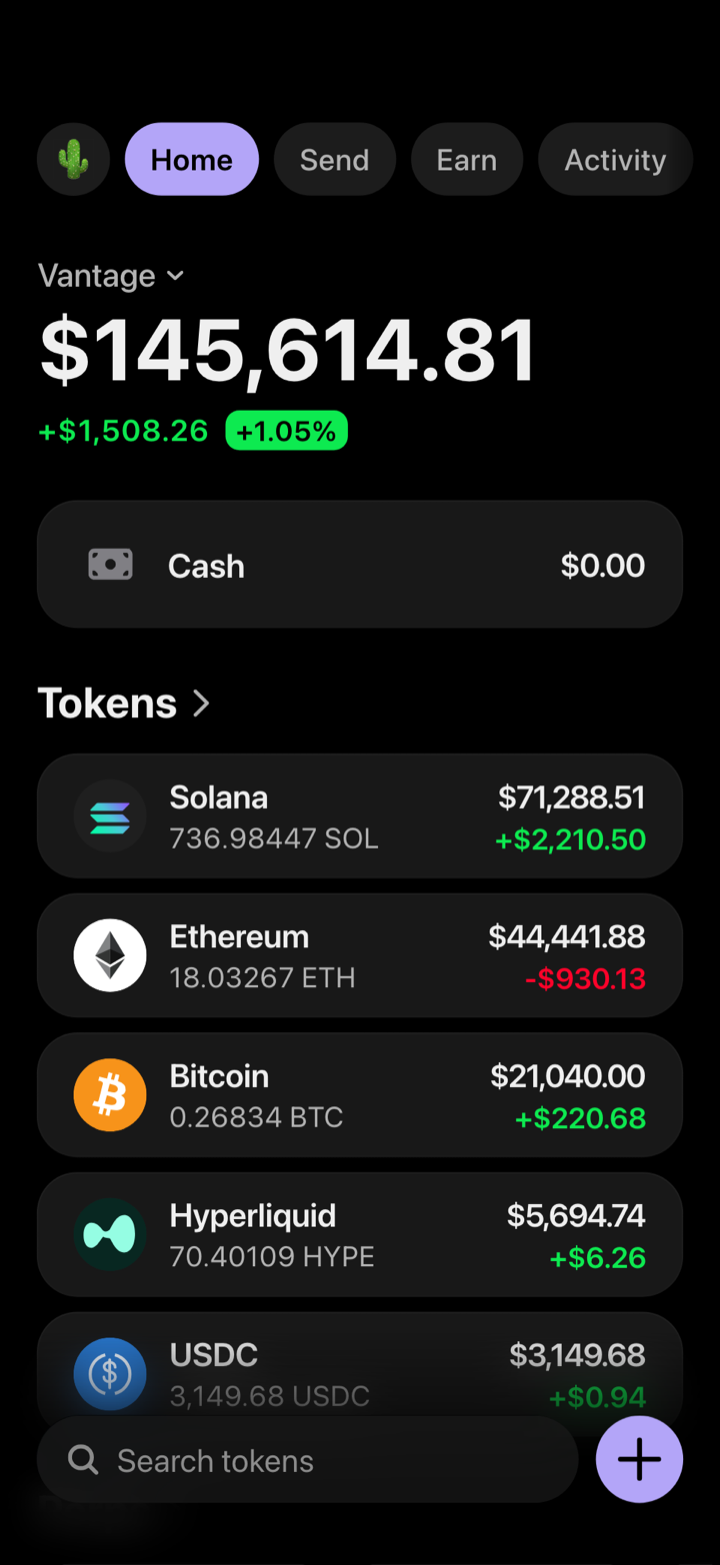 Crypto wallet portfolio screen composed in My Larp Wallet: a wallet named Vantage, a total balance above a list of 5 tokens showing each holding and its change over the day, in a dark theme with a lavender accent.