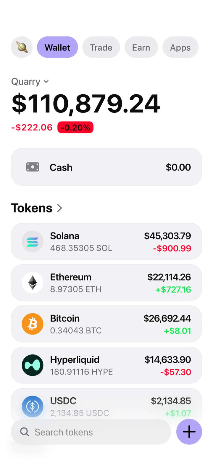 Crypto wallet portfolio screen composed in My Larp Wallet: a wallet named Quarry, a total balance above a list of 5 tokens showing each holding and its change over the day, in a light theme with a lavender accent.