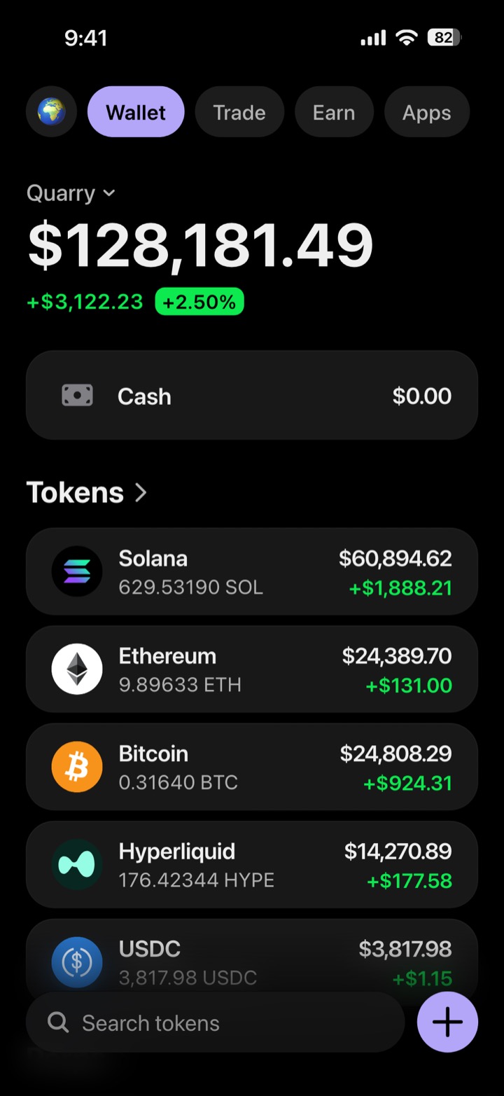 Crypto wallet portfolio screen composed in My Larp Wallet: a wallet named Quarry, a total balance above a list of 5 tokens showing each holding and its change over the day, in a dark theme with a lavender accent.