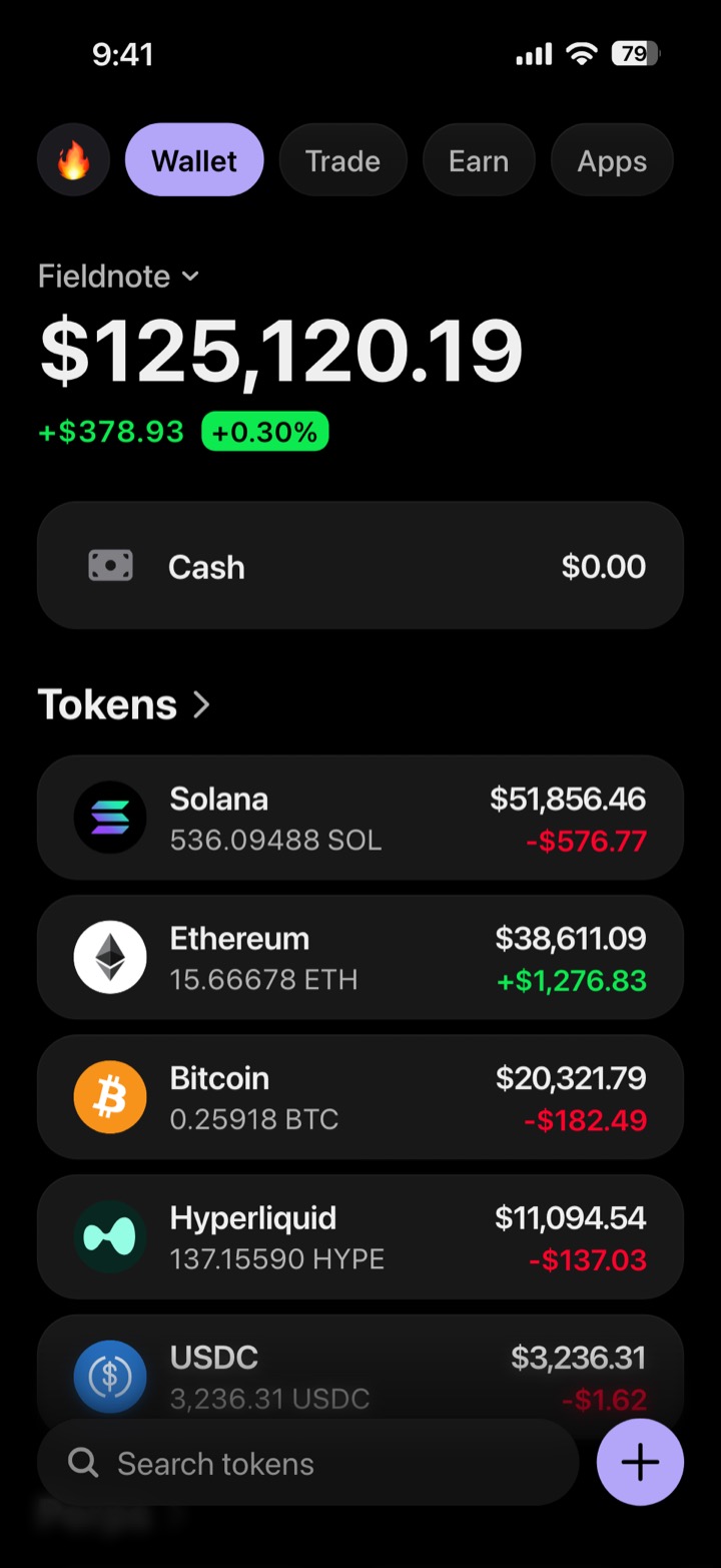 Crypto wallet portfolio screen composed in My Larp Wallet: a wallet named Fieldnote, a total balance above a list of 5 tokens showing each holding and its change over the day, in a dark theme with a lavender accent.