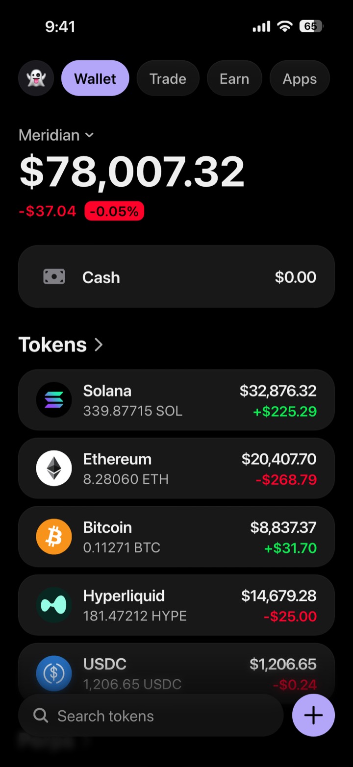 Crypto wallet portfolio screen composed in My Larp Wallet: a wallet named Meridian, a total balance above a list of 5 tokens showing each holding and its change over the day, in a dark theme with a lavender accent.